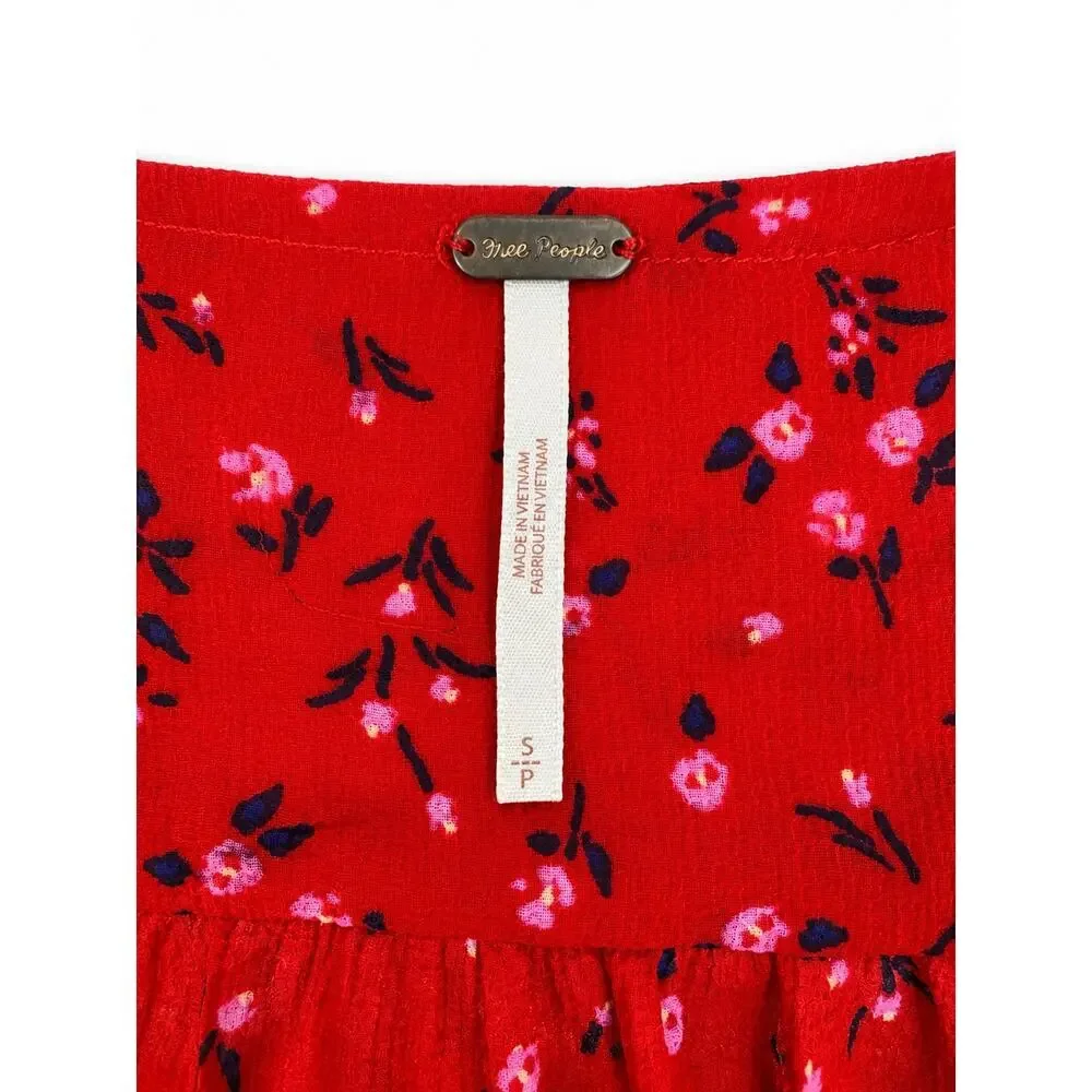 Free People Red Floral Smocked Crop Top Boho Peasant Blouse Puff Sleeve Top S